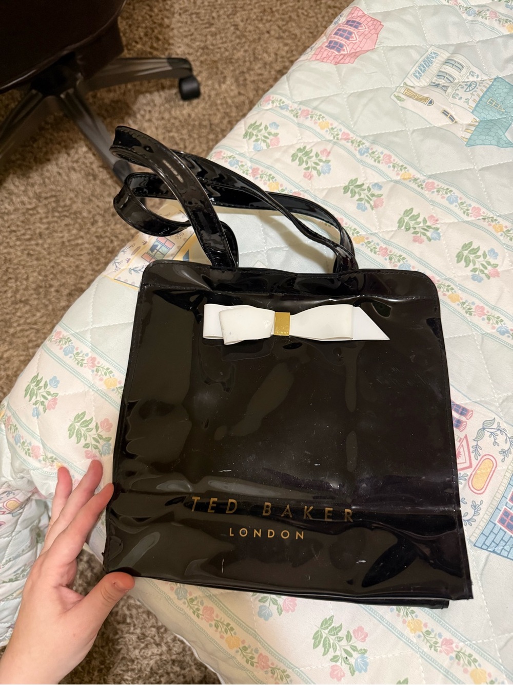 Ted Baker Black Patent Tote with White Bow